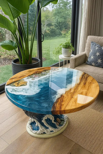 Custom blue epoxy wood - wood, table
